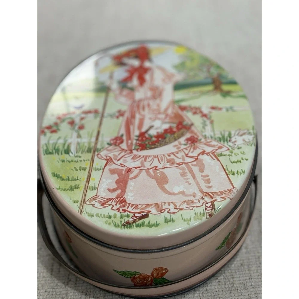 Vintage Valleybrook Farms Oval Tin Cookie Box Cottage‎ Girl Bunny Floral Storage